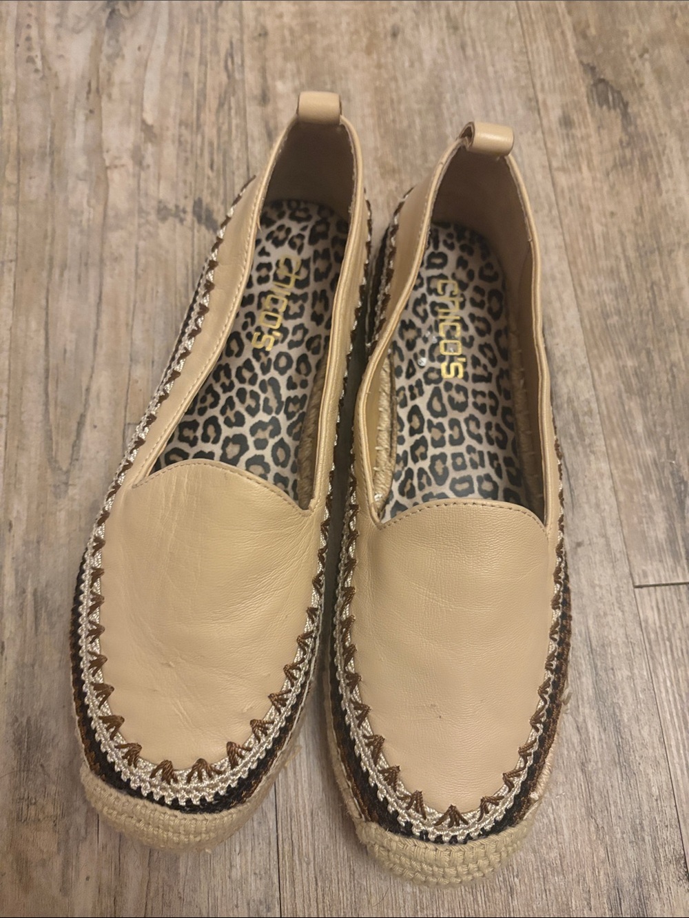 Chico's Beige Espadrille Slip-On Flats with Leopard Insole